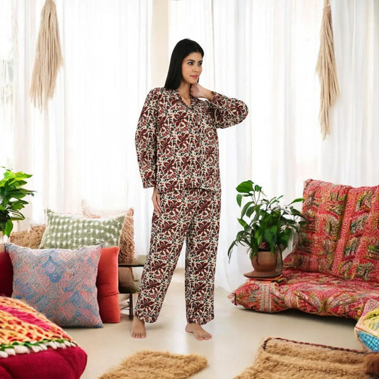 Cotton Women Pajama Set Comfortable Nightwear Summer PJ Set Beige Red Floral