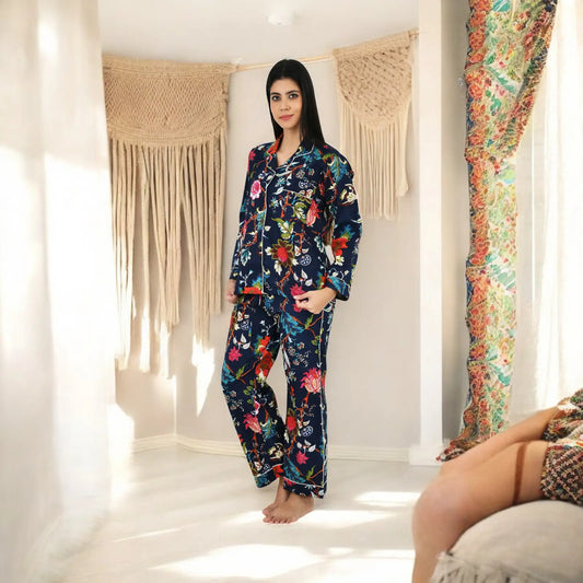 Cotton Women Pajama Set Comfortable Nightwear Summer PJ Set Mid Night Garden Print