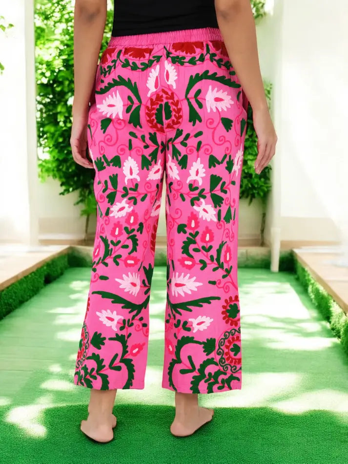 Boho Harem Pants Gift for Her â€“ Handmade Embroidered Suzani Festival Pants, Boho Hippie Lounge Pajamas with Pockets, Unique Floral Yoga Pant