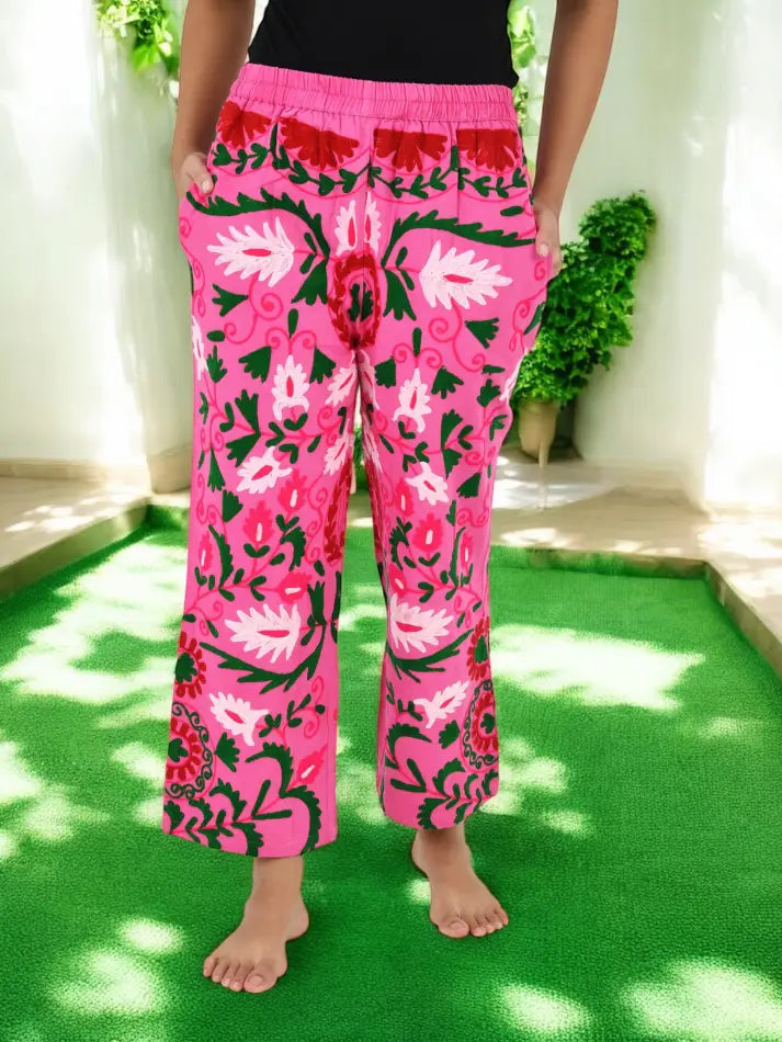 Boho Harem Pants Gift for Her â€“ Handmade Embroidered Suzani Festival Pants, Boho Hippie Lounge Pajamas with Pockets, Unique Floral Yoga Pant