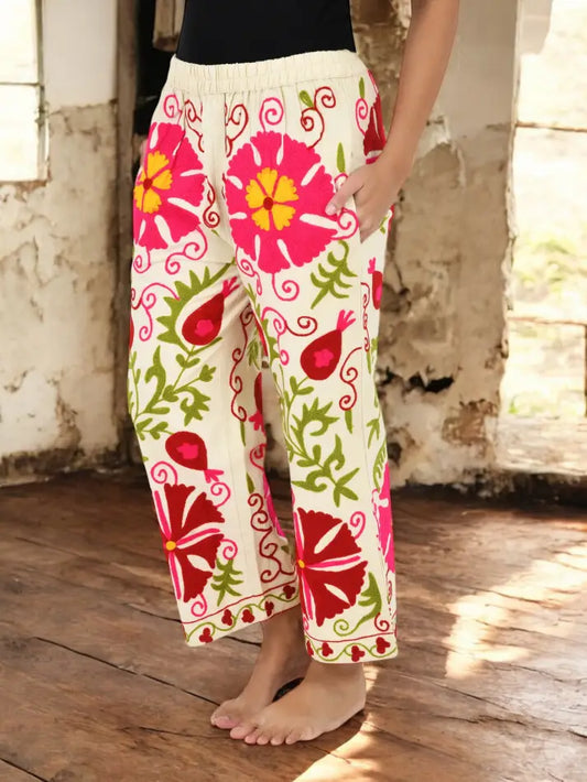 Boho Harem Pants Gift for Her – Handmade Embroidered Suzani Festival Pants, Boho Hippie Lounge Pajamas with Pockets, Unique Floral Yoga Pant