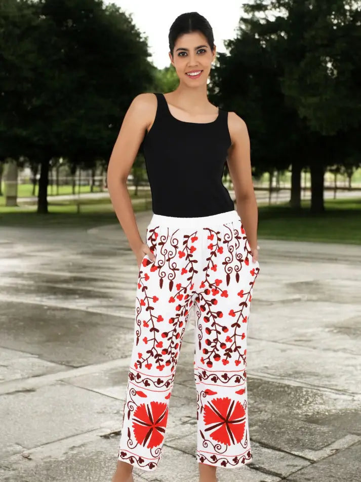 Boho Harem Pants Gift for Her â€“ Handmade Embroidered Suzani Festival Pants, Boho Hippie Lounge Pajamas with Pockets, Unique Floral Yoga Pant