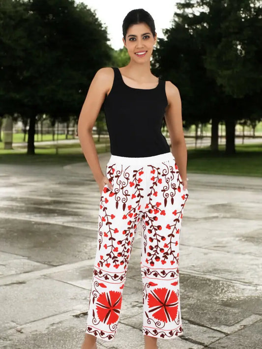 Boho Harem Pants Gift for Her – Handmade Embroidered Suzani Festival Pants, Boho Hippie Lounge Pajamas with Pockets, Unique Floral Yoga Pant