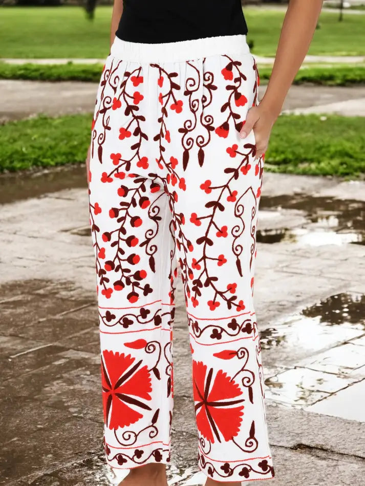 Boho Harem Pants Gift for Her â€“ Handmade Embroidered Suzani Festival Pants, Boho Hippie Lounge Pajamas with Pockets, Unique Floral Yoga Pant