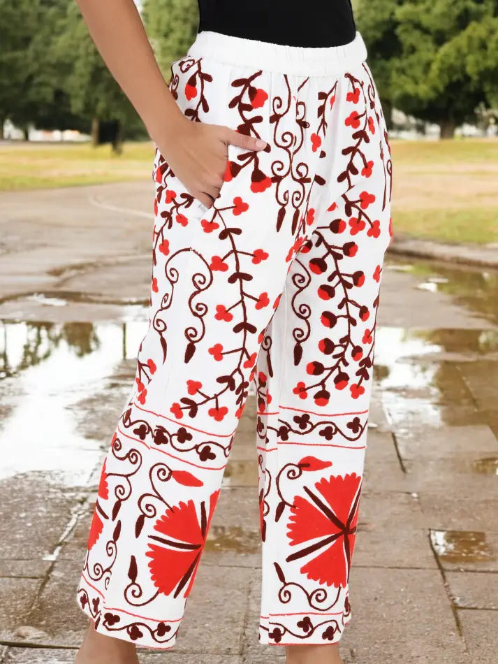 Boho Harem Pants Gift for Her â€“ Handmade Embroidered Suzani Festival Pants, Boho Hippie Lounge Pajamas with Pockets, Unique Floral Yoga Pant