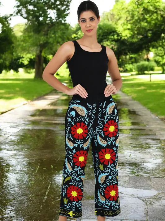 Boho Harem Pants Gift for Her – Handmade Embroidered Suzani Festival Pants, Boho Hippie Lounge Pajamas with Pockets, Unique Floral Yoga Pant