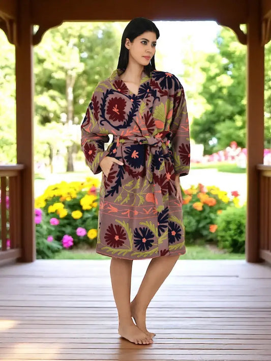 Cotton Women Kimono Suzani Embroidery Jacket Robe, Artisan Hand Embroidered Open Front Duster, Boho Gypsy Resort Wear Sustainable Clothing