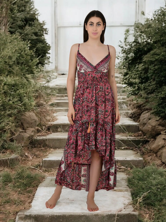 Boho Silk Dress for Women, Open Back Floral High Low Maxi, Luxury Gypsy Flowy Outfit, Bridesmaid Gift, Festival Wear Beachwear, Gift for Her
