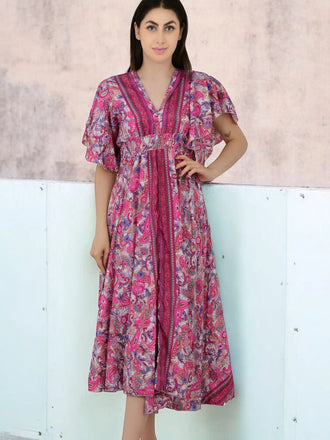 A Line Silk Blend Dress, V Neck Short Sleeve Wedding Guest Dress , Graceful Long Silky Midi Dress, Evening Cocktail Pink Dress, Gift for Her