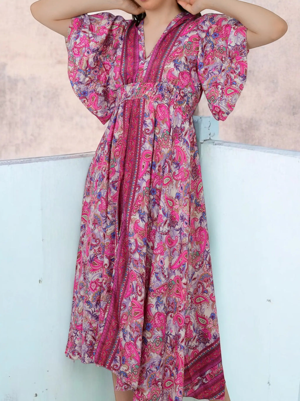 A Line Silk Blend Dress, V Neck Short Sleeve Wedding Guest Dress , Graceful Long Silky Midi Dress, Evening Cocktail Pink Dress, Gift for Her
