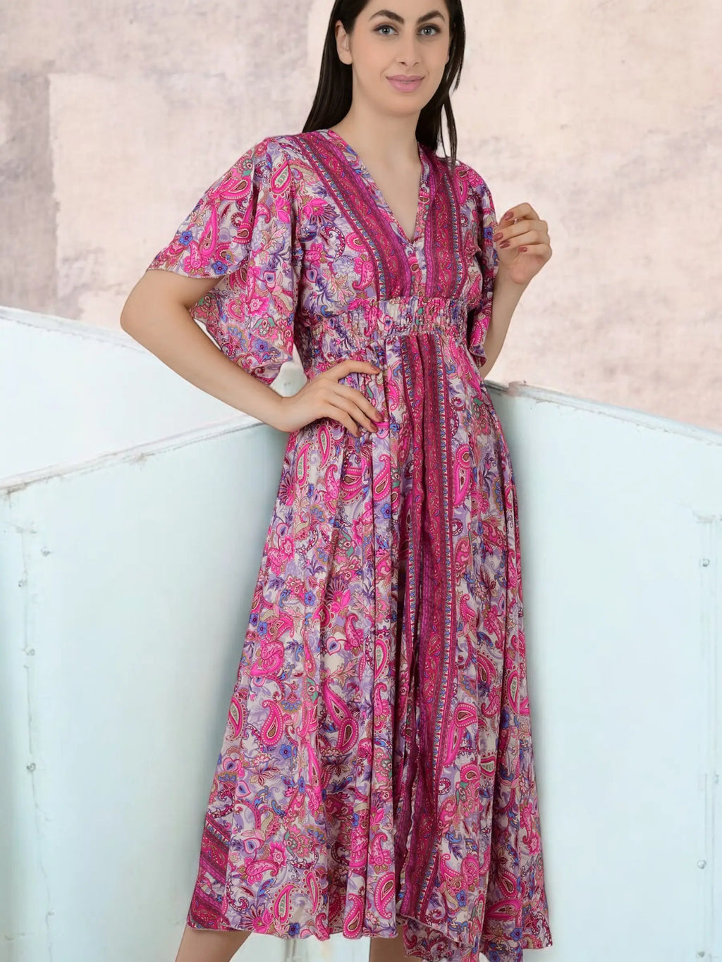 A Line Silk Blend Dress, V Neck Short Sleeve Wedding Guest Dress , Graceful Long Silky Midi Dress, Evening Cocktail Pink Dress, Gift for Her