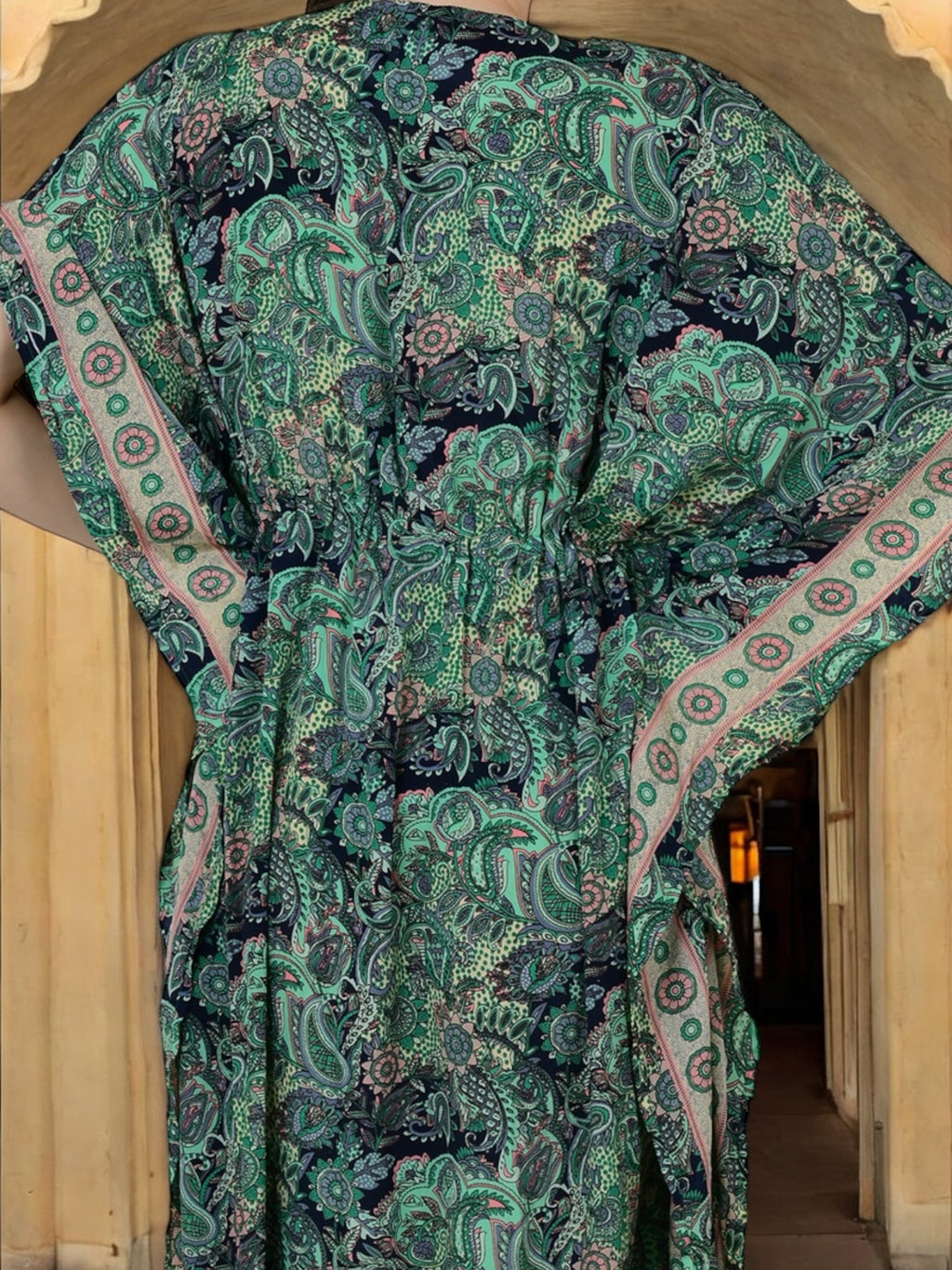 Women Silk Kaftan | Green Paisley Caftan # 1623