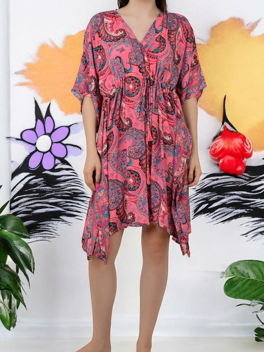 Women Silk Kaftan | Pink Paisley Caftan #1625