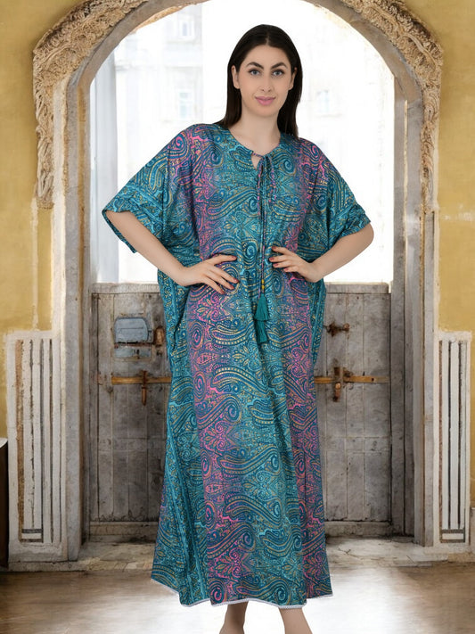 Silk Long Kaftan | Blue Pink Ombre Paisley #1626