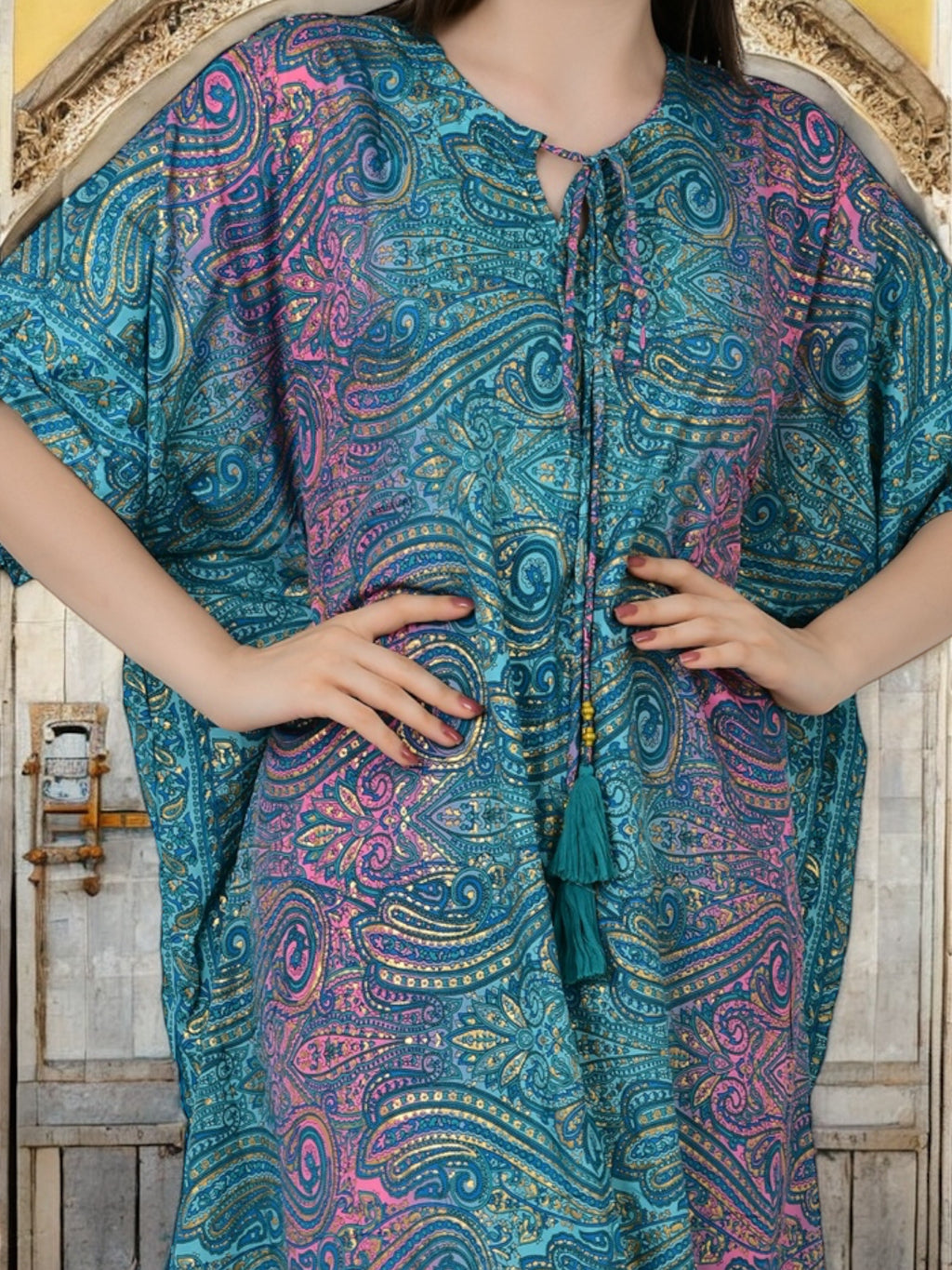Silk Long Kaftan | Blue Pink Ombre Paisley #1626