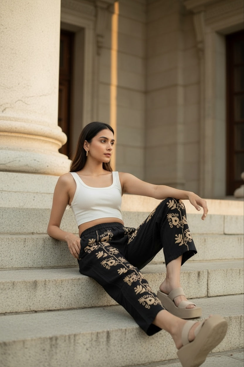 Women's Suzani embroidered Cotton Pajama Pants in floral