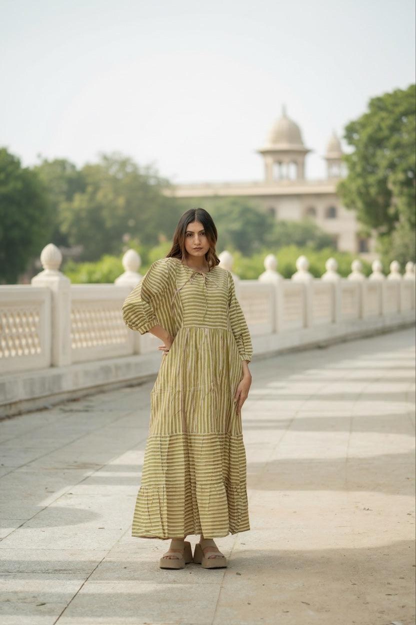 Women's block-printed Cotton Midi Dress in striped with pockets