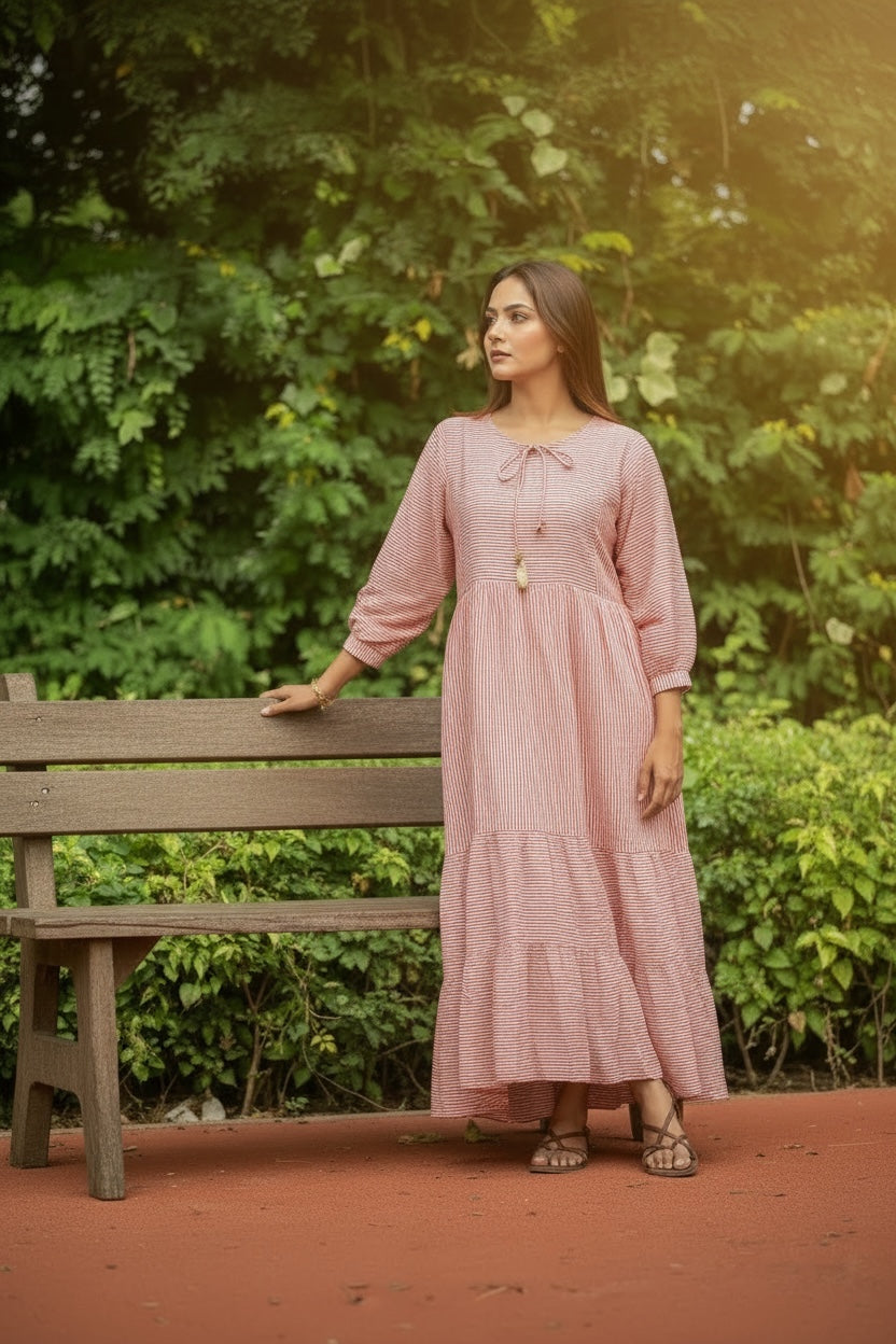 Women's block-printed Cotton Midi Dress in striped with pockets