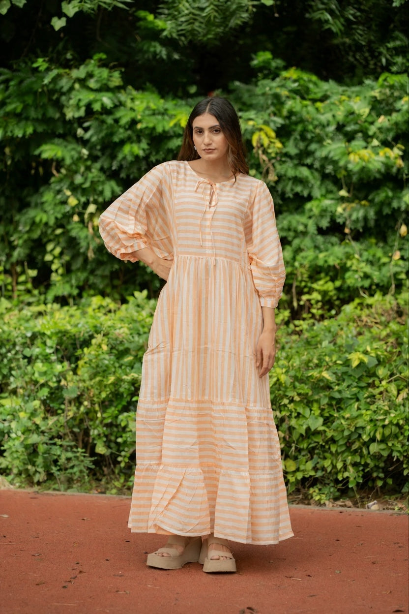 Cotton Midi Dress Stripe Hand Block Print | Boho Summer Sundress with Pockets, Artisan Style Beach Vacation Wear, Bridesmaid Gift for Her