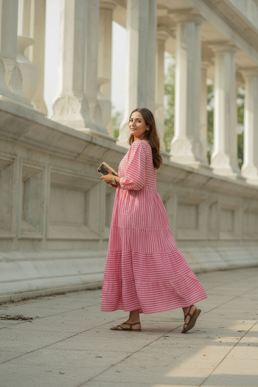 Cotton Midi Dress Stripe Hand Block Print | Boho Oversized Long Sleeves Loose Fit Dress with Pockets, Artisan Style Bridesmaid Gift for Her
