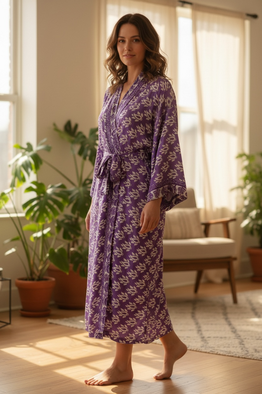 Recycle Silk Sari Women Kimono | Boho Chic Beach Cover Up Vintage Lounge Dressing Robe l Resort Wear Regal Gypsy House Robe | Purple Floral