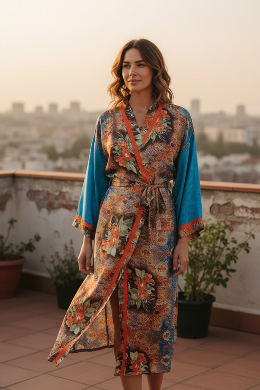 Recycle Silk Sari Women Kimono | Boho Chic Robe House, Beach Cover Up Vintage Bridesmaid Lounge Dressing Gown l Resort Wear Gypsy Nightwear