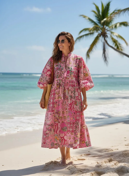 Boho Maxi Dress With Sleeves | Handmade Patchwork Long Flowy Beach Dress, One-of-a-kind Elegant Retro Outfit, Modest Gown with Pockets