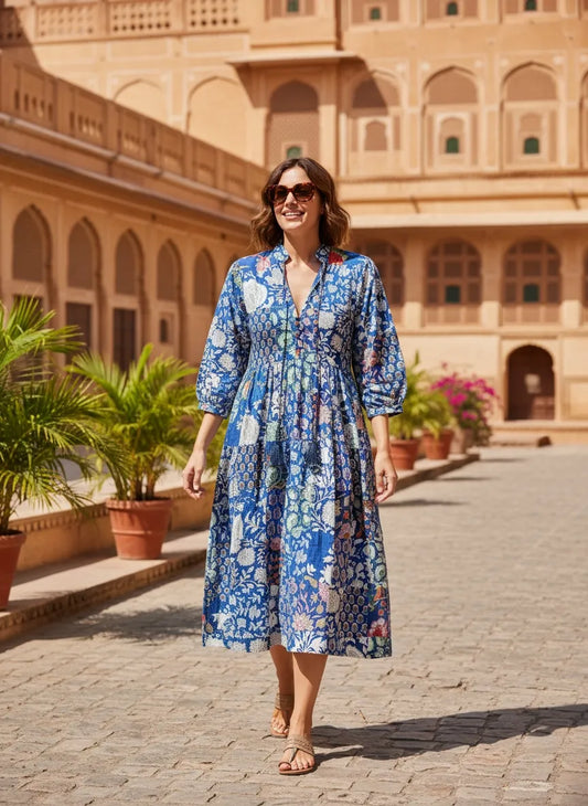 ASSORTED - BLUE HUES | Hand Stitched Patchwork Cotton Dress | Perfect Anniversary Christmas Gift For Her Sister Mother |