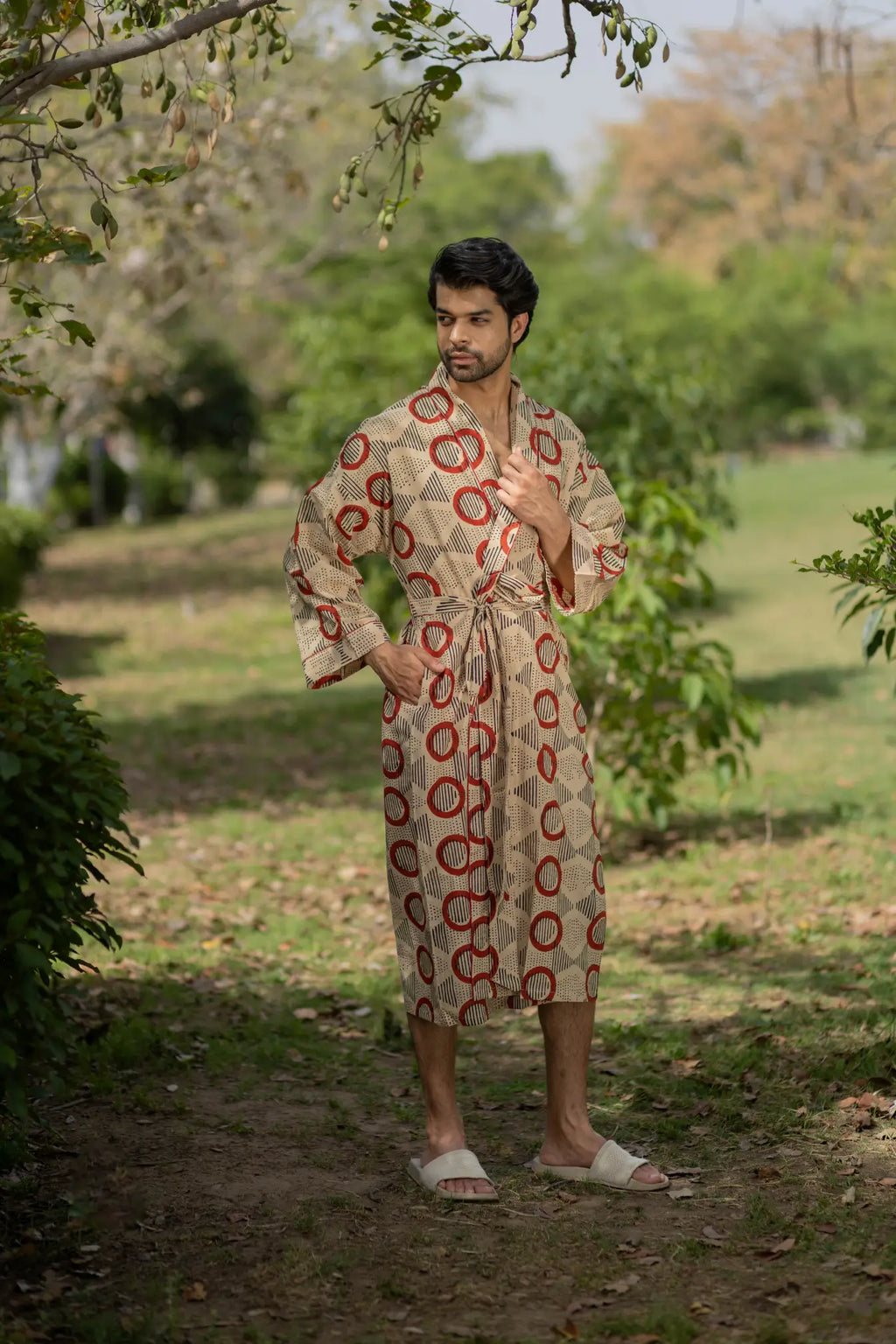 Unisex Cotton Kimono Robe in geometric
