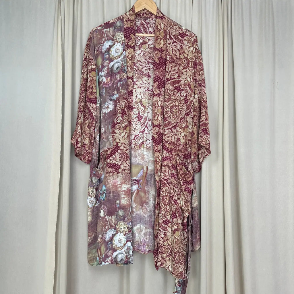 Vintage Silk Sari Boho Kimono | Luxury Loungewear House Robe Flowy Gown, Regal Floral Romance Duster Beach CoverUp, Bridesmaid Dressing Gown