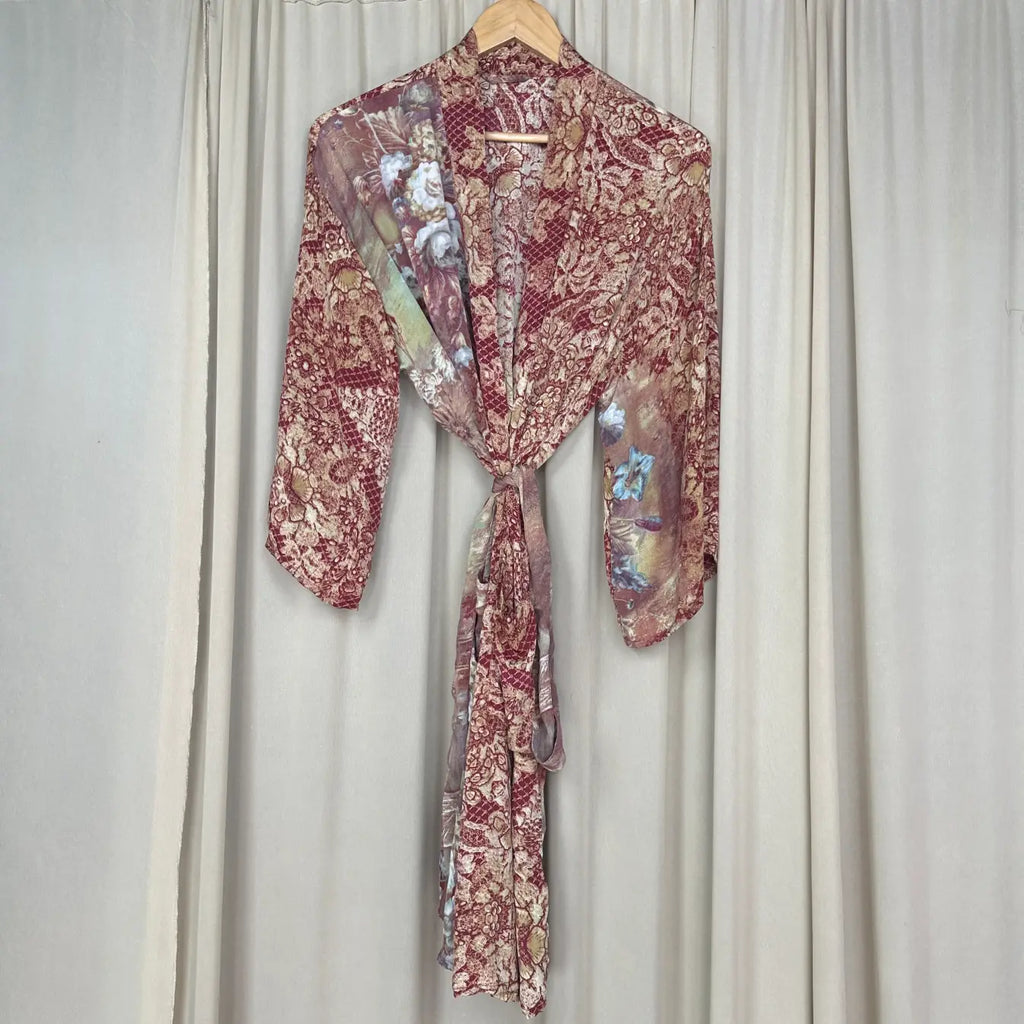Vintage Silk Sari Boho Kimono | Luxury Loungewear House Robe Flowy Gown, Regal Floral Romance Duster Beach CoverUp, Bridesmaid Dressing Gown