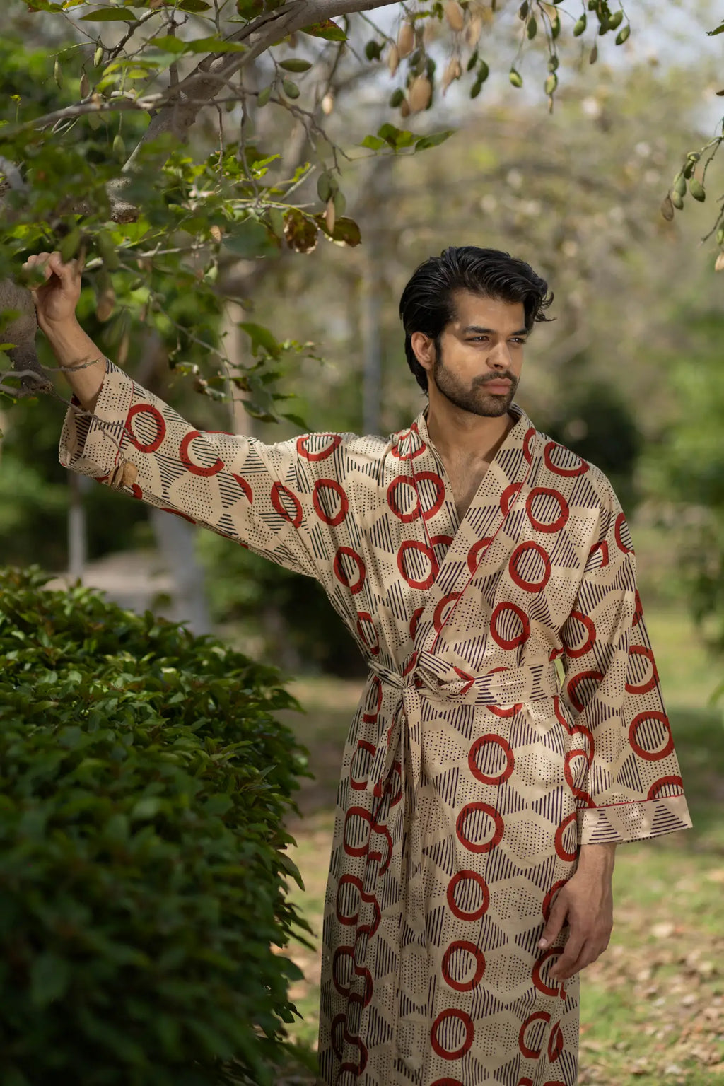 Unisex Cotton Kimono Robe in geometric