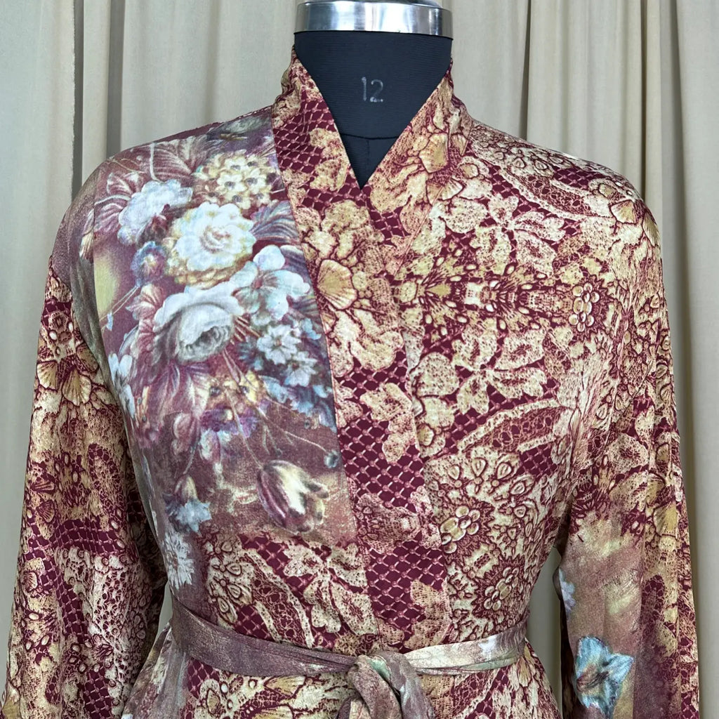 Vintage Silk Sari Boho Kimono | Luxury Loungewear House Robe Flowy Gown, Regal Floral Romance Duster Beach CoverUp, Bridesmaid Dressing Gown