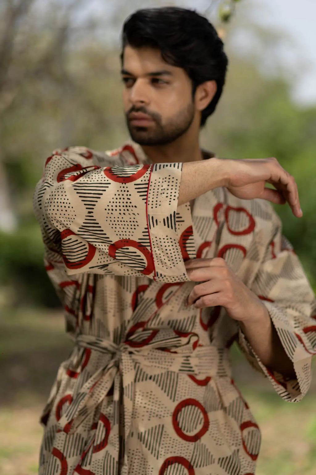 Unisex Cotton Kimono Robe in geometric