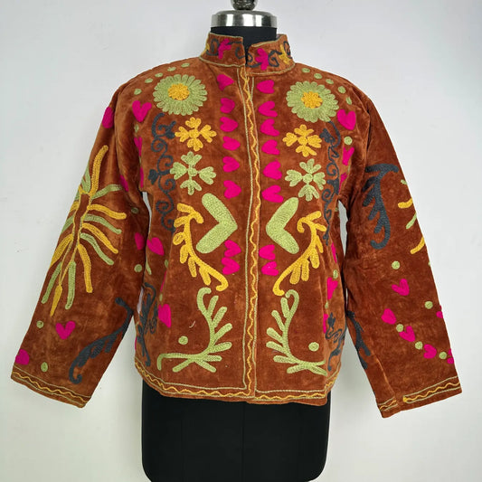 Boho Velvet Suzani Jacket Hand Embroidered | Open Front Coat Winter Wear Free Size Robe | Retro Chic smoking jacket — Blazer Gift for Her