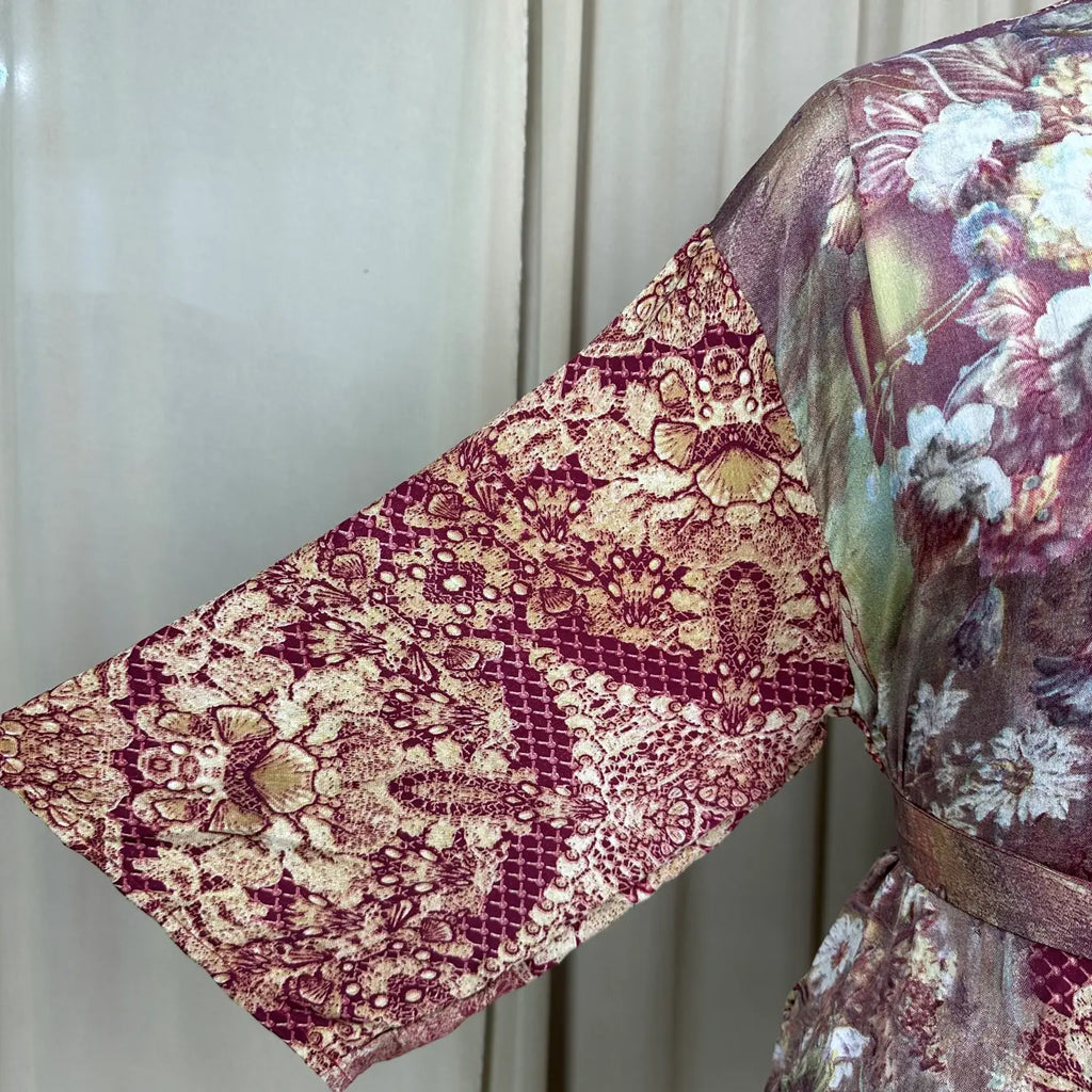 Vintage Silk Sari Boho Kimono | Luxury Loungewear House Robe Flowy Gown, Regal Floral Romance Duster Beach CoverUp, Bridesmaid Dressing Gown