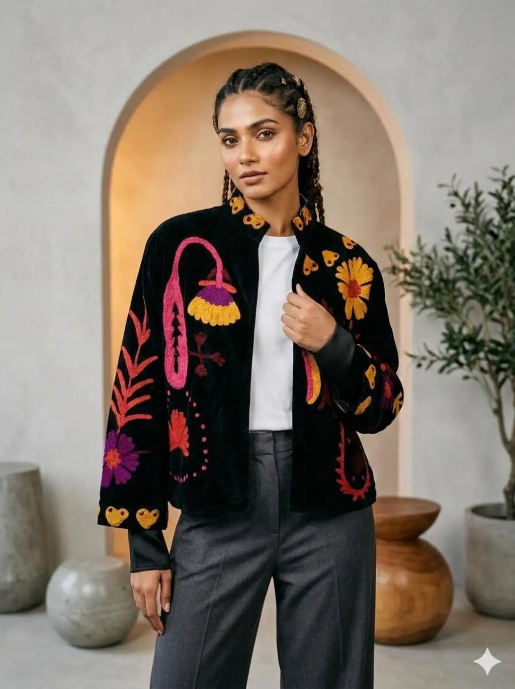 Boho Hand Embroidered Velvet Suzani Jacket, Black Floral Open Front Coat Winter Wear Free Size Robe Retro Chic Free Size Robe Blazer for Her