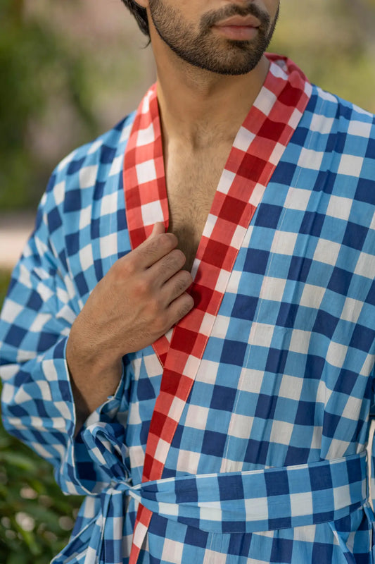 Pure Cotton Boho Mens Kimono Robe, Geometric Japan Haori, Breathable Bathrobe Men Dressing Gown Summer Relaxed Fit Loungewear, Beach Coverup