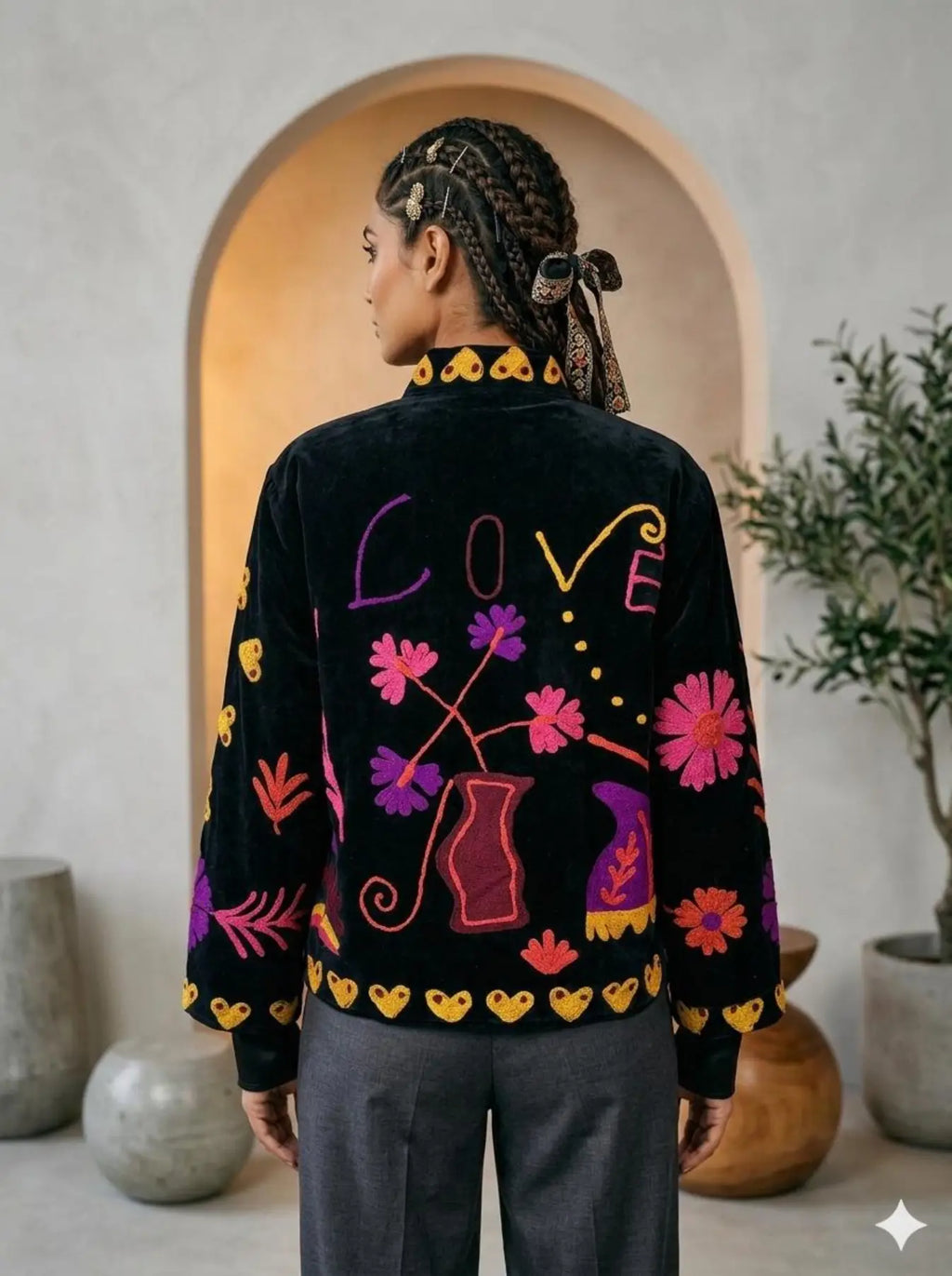 Boho Hand Embroidered Velvet Suzani Jacket, Black Floral Open Front Coat Winter Wear Free Size Robe Retro Chic Free Size Robe Blazer for Her