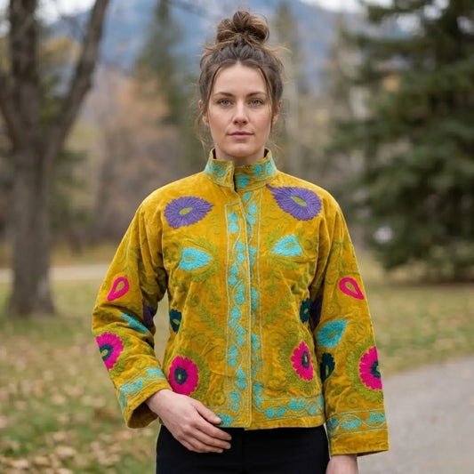 Boho Velvet Suzani Jacket Hand Embroidered | Open Front Coat Winter Wear Free Size Robe | Retro Chic smoking jacket — Blazer Gift for Her