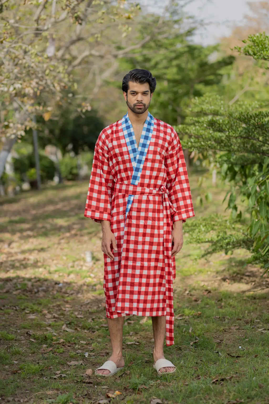 Men's Cotton Kimono Robe in geometric