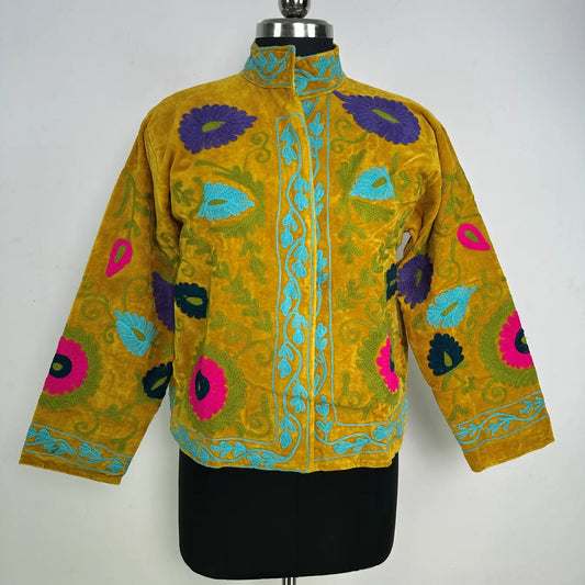 Boho Velvet Suzani Jacket Hand Embroidered | Open Front Coat Winter Wear Free Size Robe | Retro Chic smoking jacket — Blazer Gift for Her
