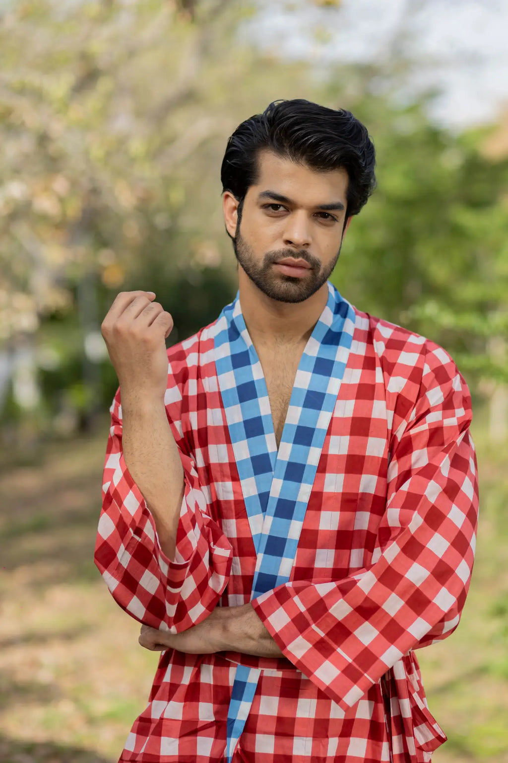 Men's Cotton Kimono Robe in geometric