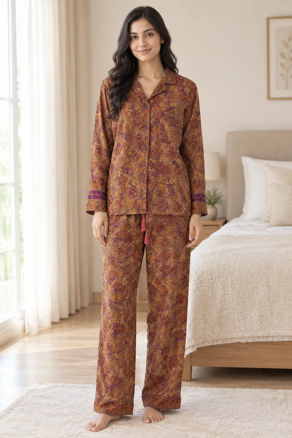 Boho Silk Sari Pajama Set, Colorful Handmade Loungewear for Women with Pockets, Short Sleeve Button Down Top, Drawstring Pants, Gift