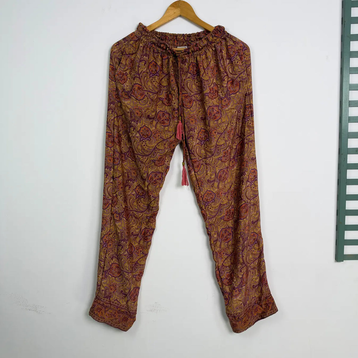 Boho Silk Sari Pajama Set, Colorful Handmade Loungewear for Women with Pockets, Short Sleeve Button Down Top, Drawstring Pants, Gift