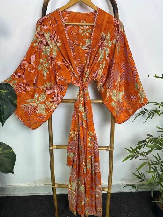 Upcycle Boho Silk Long Women kimono, Boho Chic Robe House Beach Cover Up Vintage Bridesmaid Lounge Dressing Gown Resort Wear Gypsy Nightwear