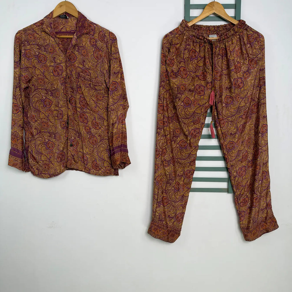 Boho Silk Sari Pajama Set, Colorful Handmade Loungewear for Women with Pockets, Short Sleeve Button Down Top, Drawstring Pants, Gift