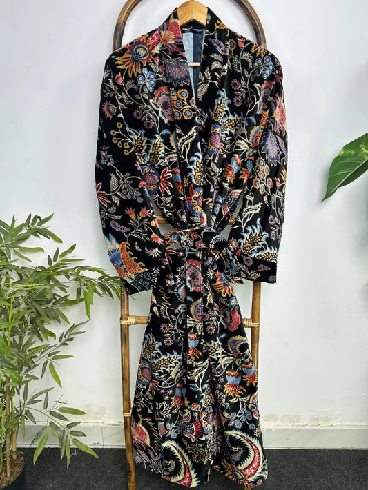 Velvet Womens Kimono Boho Robe | Luxury Bridal Reversible with Lining, Dressing Gown, Smoking Jacket for Her, Anniversary Gift For Him