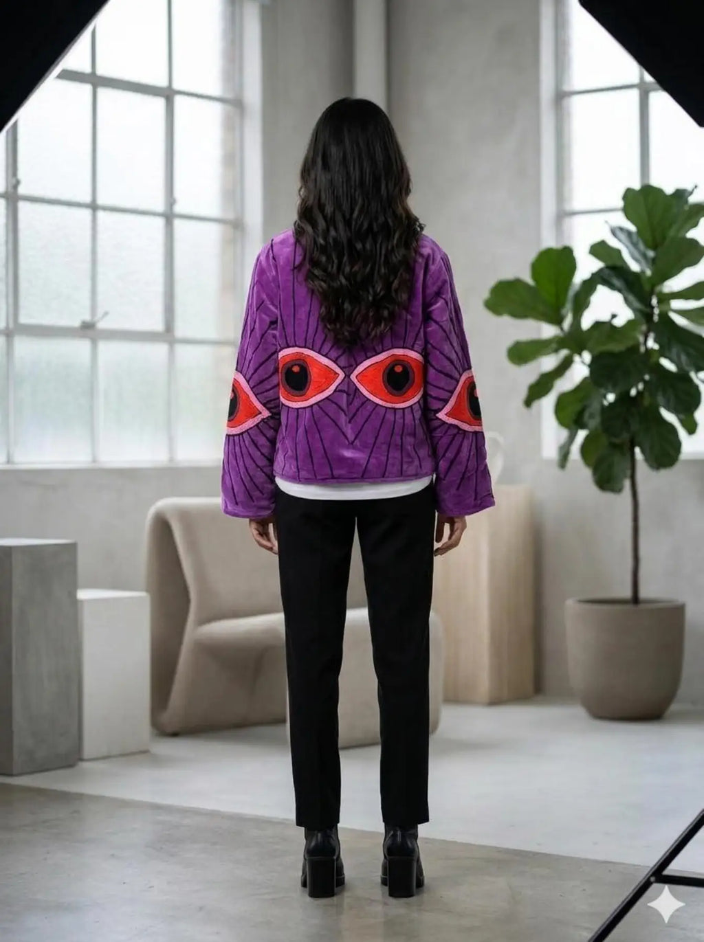 Women's Suzani embroidered Velvet Jacket in purple geometric