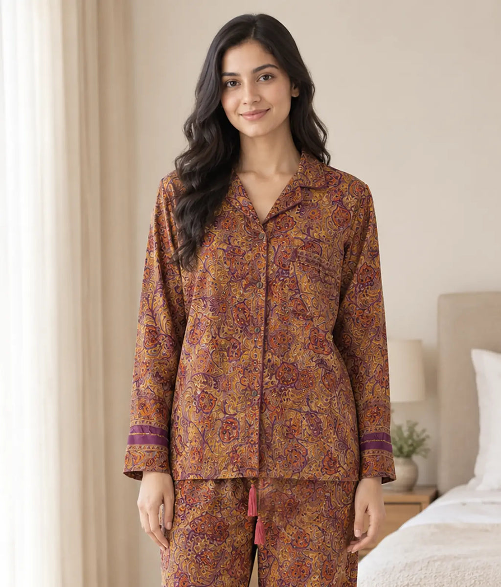 Boho Silk Sari Pajama Set, Colorful Handmade Loungewear for Women with Pockets, Short Sleeve Button Down Top, Drawstring Pants, Gift